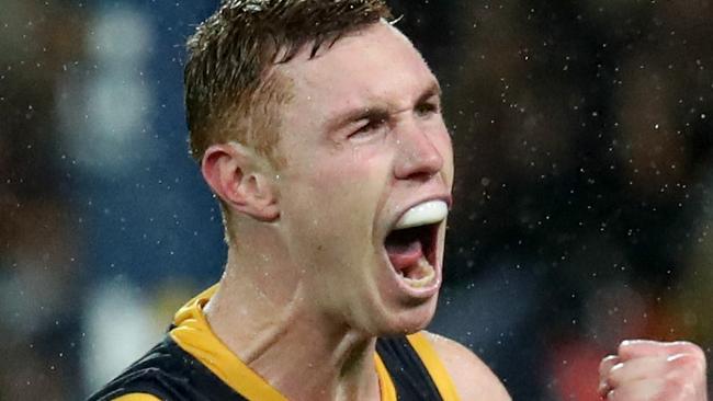 Adelaide’s Tom Lynch celebrates a goal against the Western Bulldogs at Adelaide Oval. Picture: AAP Image/Kelly Barnes.