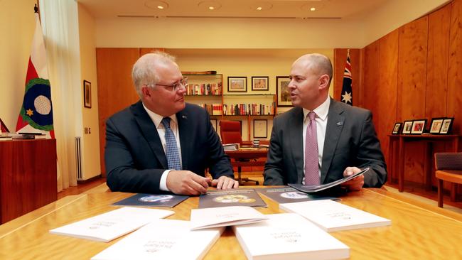 Prime Minister Scott Morrison with Treasurer Josh Frydenberg look over the budget papers ahead of the Budget. Picture: Adam Taylor for PMO via NCA NewsWire