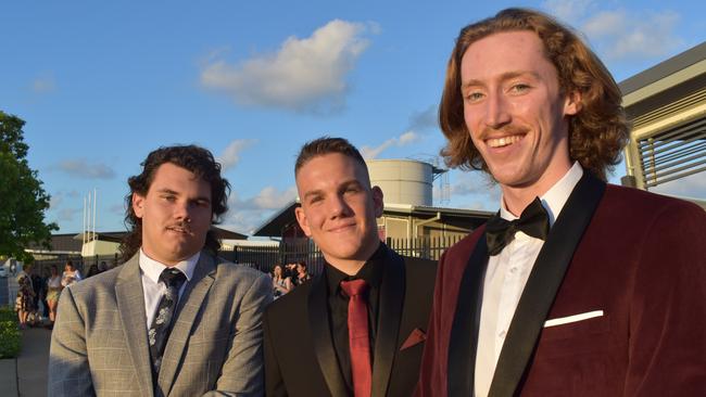 Conor Thurgood, left, Jack Brosnan and Dylan Smyth at the Mackay Northern Beaches State High School formal, on Saturday October 17. Picture: Zizi Averill