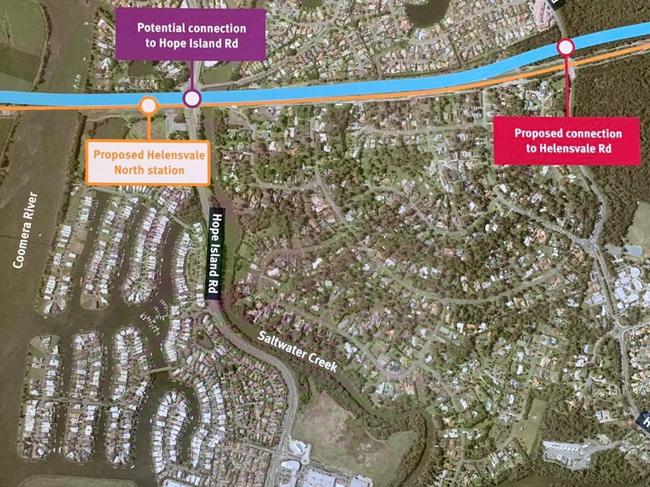 Map showing potential connection for the Hope Island Road link to the Coomera Connector.