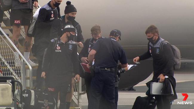 Port Adelaide was been met by authorities on the tarmac at Adelaide Airport on Monday. Picture: 7NEWS