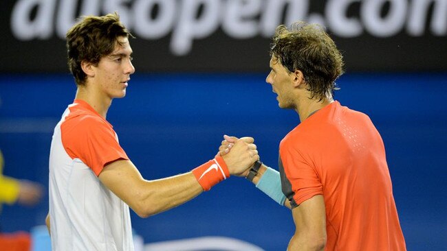 Thanasi Kokkinakis (left) was only 17 when he first played against Rafael Nadal at the 2014 Australian Open. Picture: AAP Image