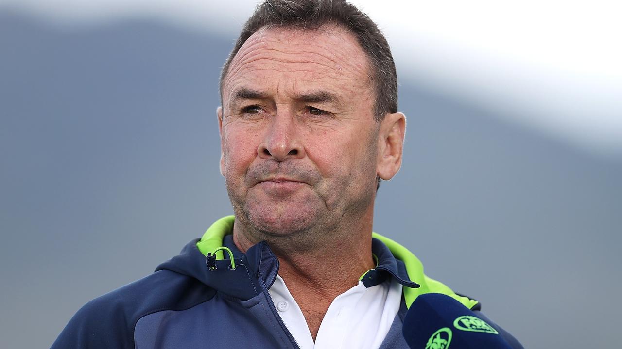 MUDGEE, AUSTRALIA - APRIL 02: Raiders coach Ricky Stuart watches as he waits to be interview before the round four NRL match between the Manly Sea Eagles and the Canberra Raiders at Glen Willow Sporting Complex, on April 02, 2022, in Mudgee, Australia. (Photo by Mark Kolbe/Getty Images)