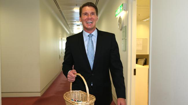 Senator Cory Bernardi with Easter eggs at Parliament House in Canberra on Thursday. Picture: Kym Smith