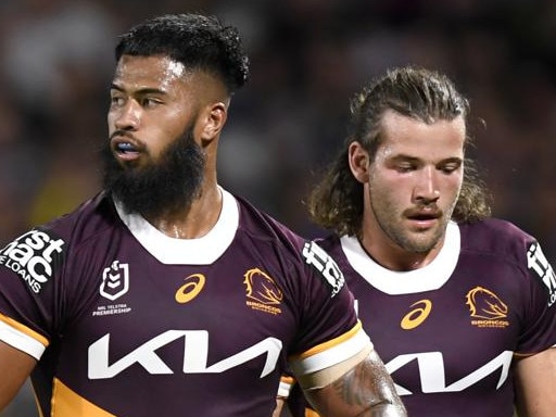 Broncos teammates Payne Haas and Pat Carrigan will be on opposite sides on Wednesday night.