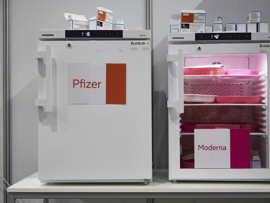 Pfizer and Moderna vaccines are stored in fridges for booster vaccinations in Rotterdam. Picture: Getty Images