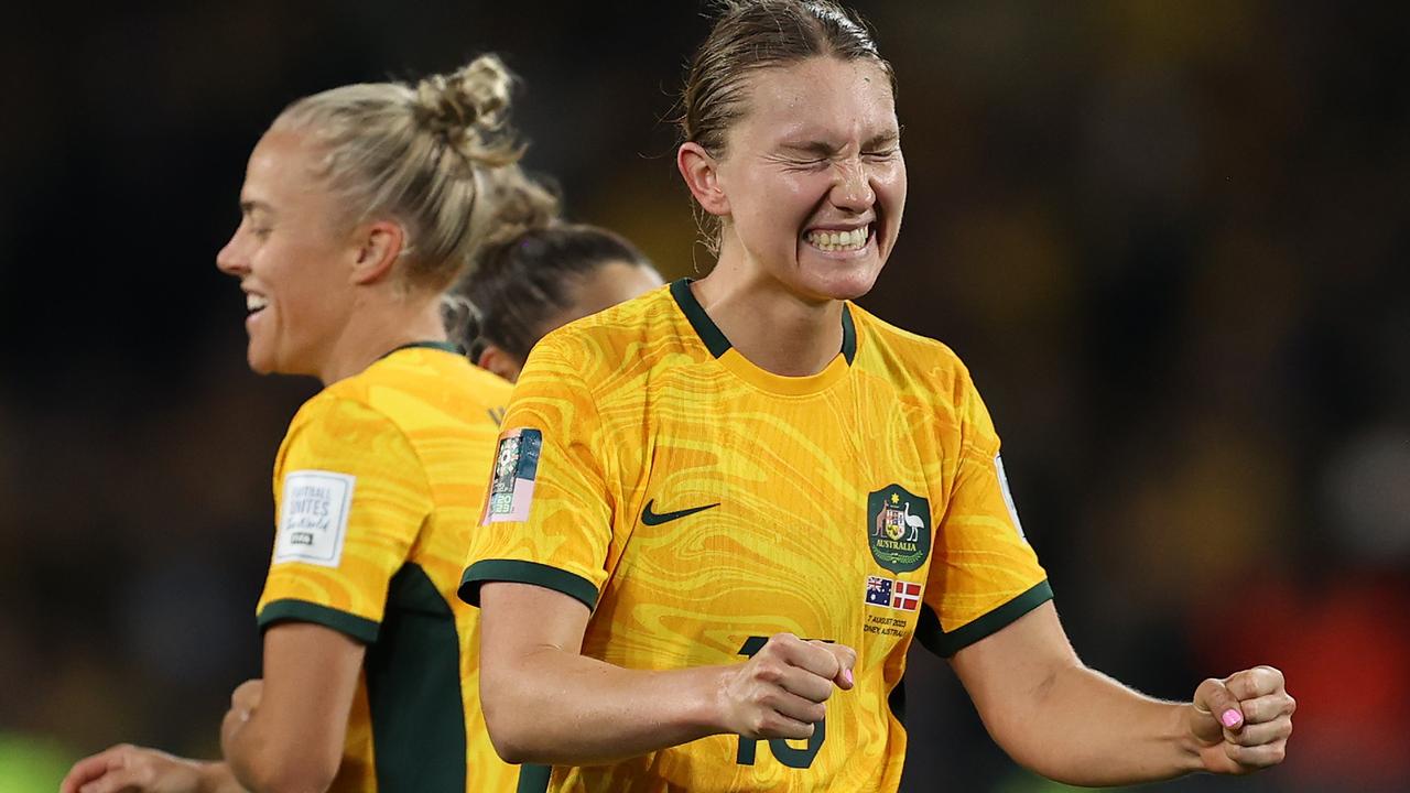 Clare Hunt celebrates yet another clean sheet for the Aussies. (Photo by Brendon Thorne/Getty Images )