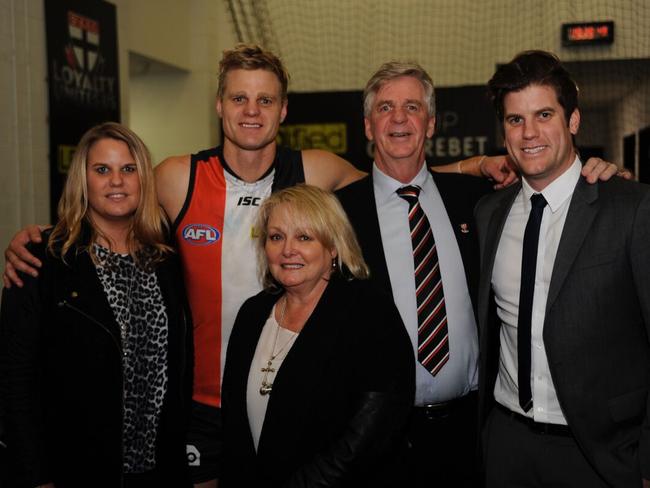 The Riewoldt family – Maddie, Nick, Fiona, Joe and Alex, celebrating Nick’s 250th game in 2013. Picture: Supplied.