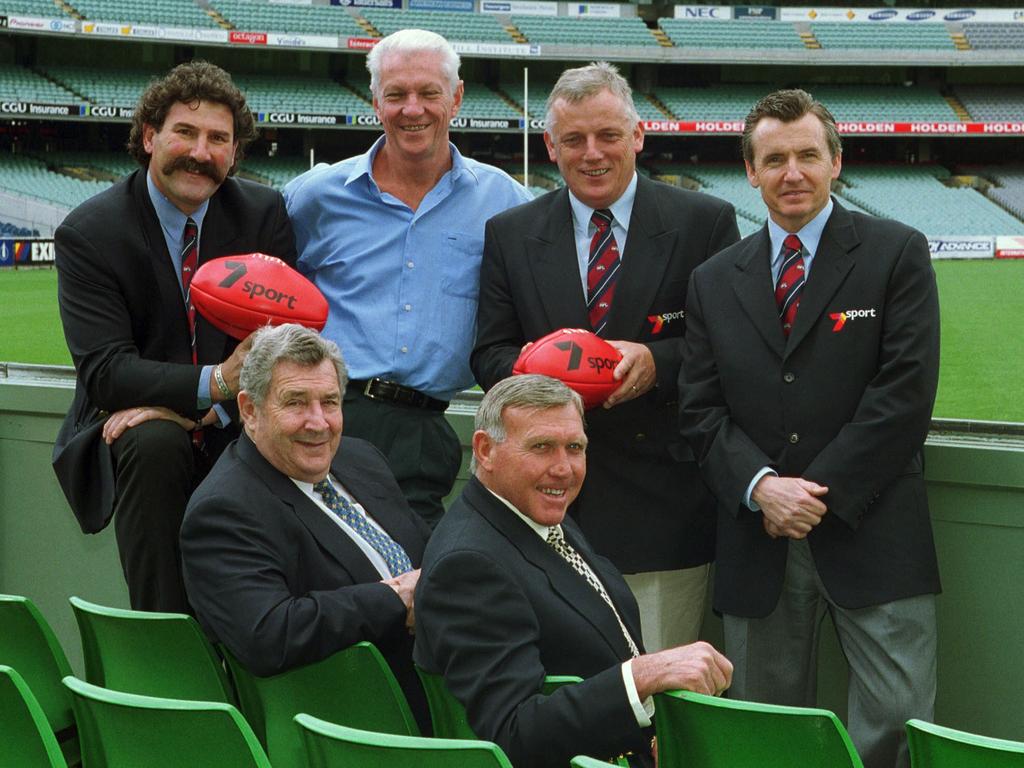 Channel 7’s 2001 commentary team: Robert DiPierdomenico, Peter Landy, Sandy Roberts, Bruce McAvaney, Bob Davis and Bob Skilton.