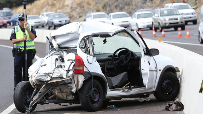 The driver of this Barina, hit during the chase involving the stolen Mercedes Benz, remains in a coma. Picture: Stephen Laffer.