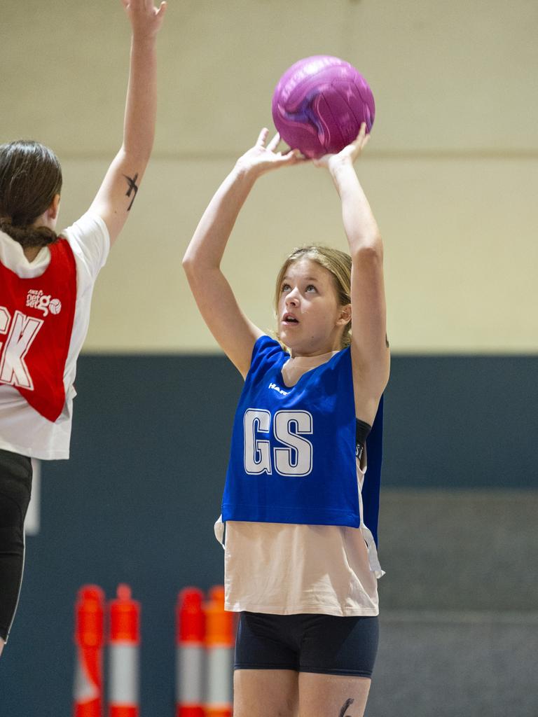 Lily Bothmann during Toowoomba Netball Association junior representative trials at Clive Berghofer Arena, St Mary's College, Sunday, October 23, 2022. Picture: Kevin Farmer