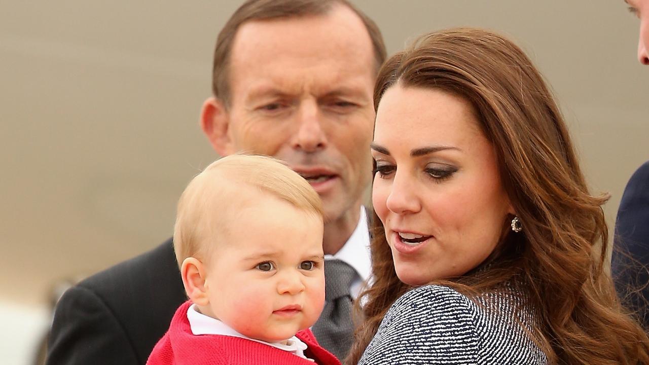 The Duchess of Cambridge with Prince George and then Prime Minister Tony Abbott on the last day of the royal visit to Australia. Picture: Chris Jackson/Getty Images