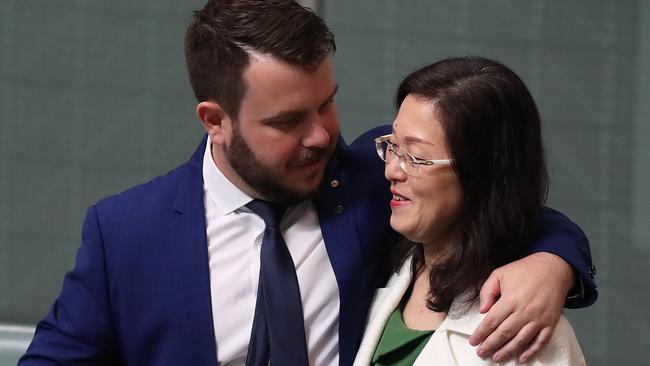 Liberal MP Phillip Thompson hugs Gladys Liu in the House of Representatives Chamber on September 11, 2019, the day after her trainwreck interview on Sky News. Picture: Kym Smith.