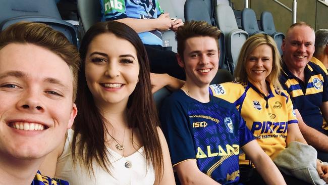 Loyal Parramatta Eels fans, from left to right, Brock Norris, Madalyn Barrett, Jack Norris, Katherine Norris and Michael Norris. Supplied Image