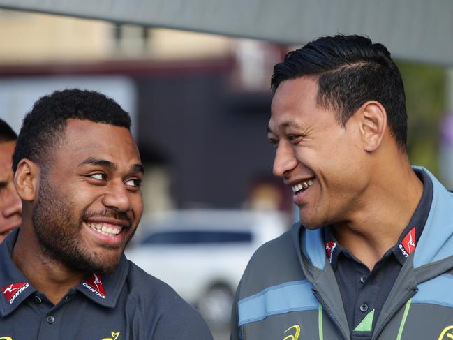 (L-R) Samu Kerevi and Israel Folau share a laugh at theBledisloe Cup fan event at Coogee Oval. Picture: Craig Wilson