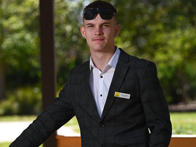 12th October 2024: Darcy Hughes, 18, left school earlier this year (not quite finishing year 12) to take a full-time job as a property manager. He is a success story from the tailored learning program run in public schools. Without the extra support he says he would have dropped out in year 8 or 9. Pictured in a park in Smithfield. (He really REALLY wanted to keep his sunglasses onÃ.itÃs his trademark apparently!) Picture: Naomi Jellicoe