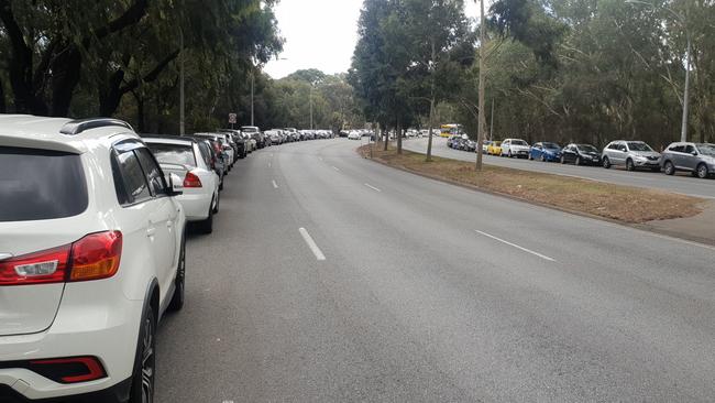 Cars clogging the streets near the Paradise O-Bahn interchange. Picture: Colin James