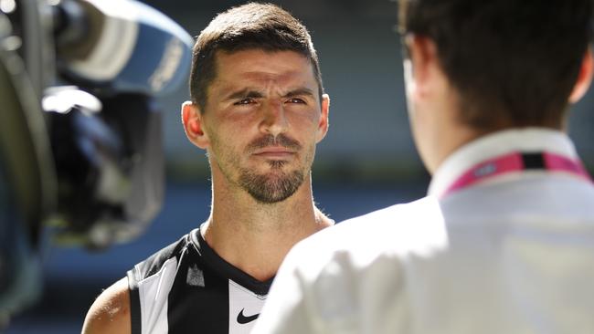 Scott Pendlebury answers questions at the AFL’s captains day on Wednesday.