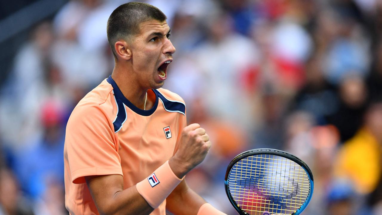 Australia's Alexei Popyrin on his way to a five-set win over Taylor Fritz.