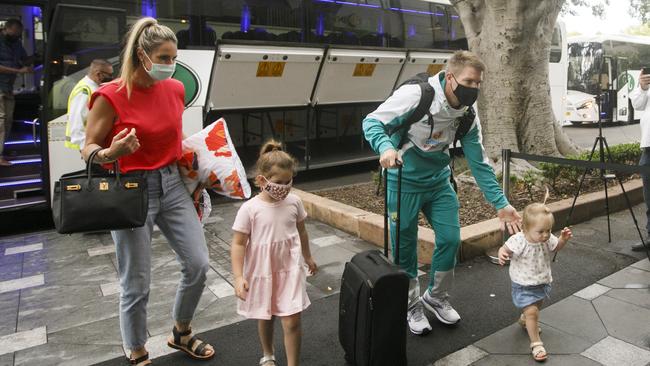 David Warner arrives with his family at Sydney’s Intercontinental Hotel ahead of the Third Test. Picture: Tim Pascoe