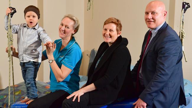 Jude Hepworth-Smith, 3, with Kid Sense Child Development founder Joanna Buttfield, Bess Hepworth and Kid Sense managing director Conor McKenna. Picture: Keryn Stevens/AAP Image