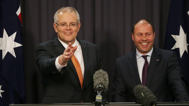 Prime Minister Scott Morrison and Treasurer Josh Frydenberg in House in Parliament House in Canberra on Monday night. Picture: Gary Ramage