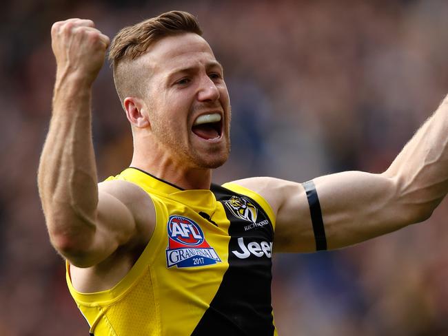 MELBOURNE, AUSTRALIA - SEPTEMBER 30: Kane Lambert of the Tigers celebrates during the 2017 Toyota AFL Grand Final match between the Adelaide Crows and the Richmond Tigers at the Melbourne Cricket Ground on September 30, 2017 in Melbourne, Australia. (Photo by Michael Willson/AFL Media/Getty Images)