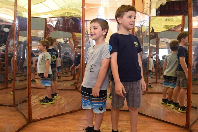 Da Vinci Machines exhibition at Maryborough City Hall - Owen,5, and Jack,7, Melick from Hervey Bay in the room of mirrors. Picture: Alistair Brightman