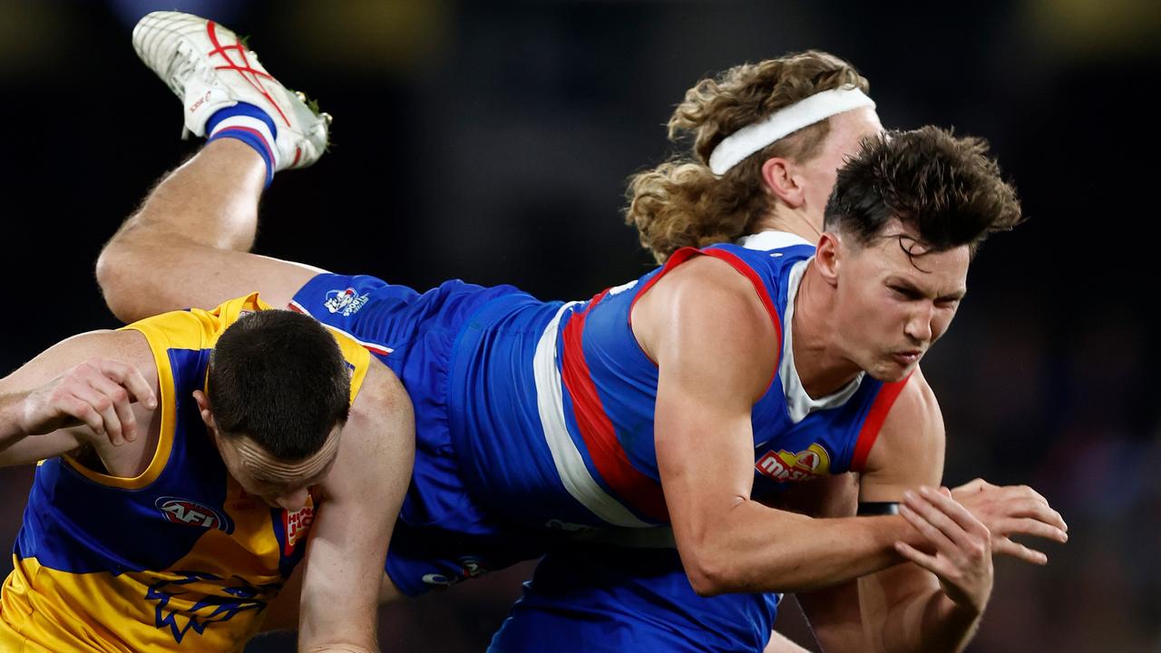 Anthony Scott and the Bulldogs crash to earth. Picture: Michael Willson/AFL Photos via Getty Images