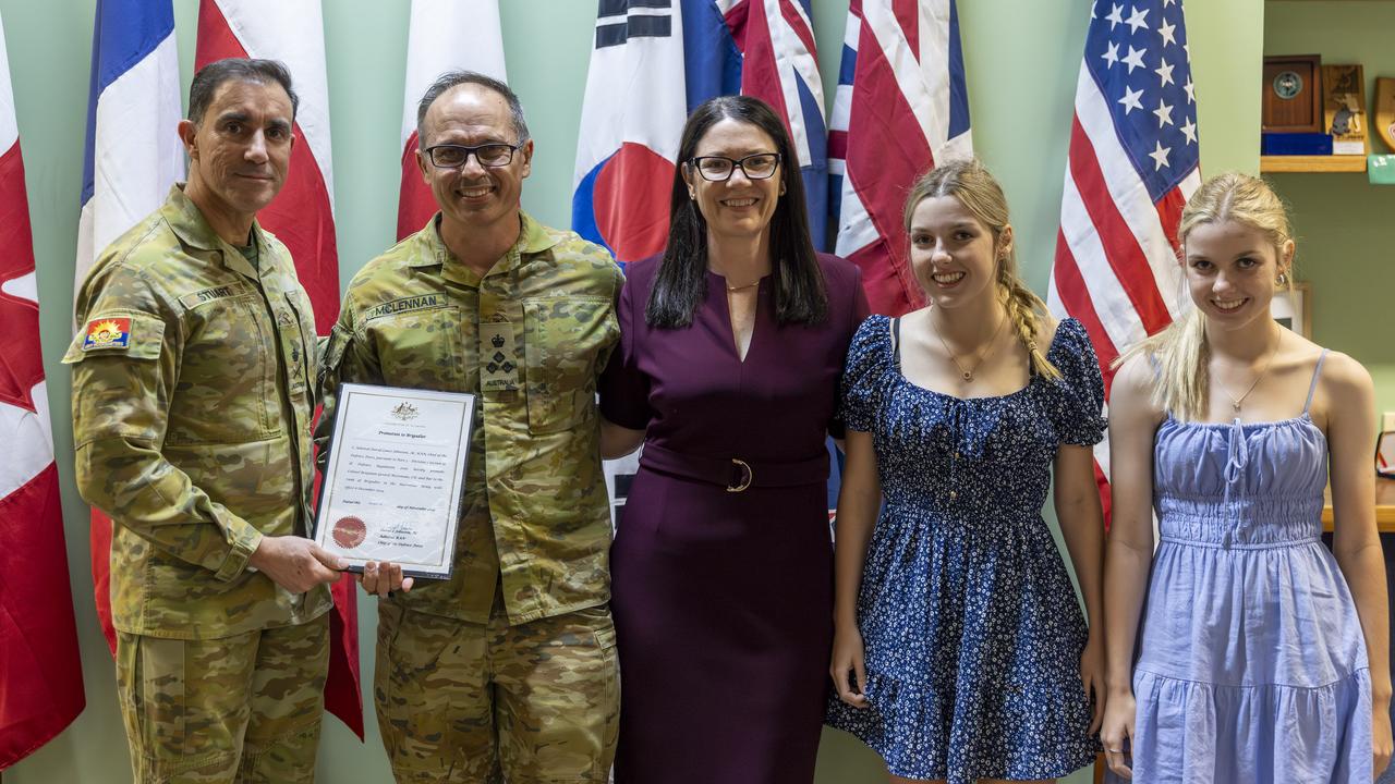 Promotion ceremony for Brigadier Ben McLennan at Lavarack Barracks. Brigadier McLennan with Chief of the Army Lieutenant General Simon Stewart and his wife Rebecca and daughters Paige and Abby. Picture: Supplied