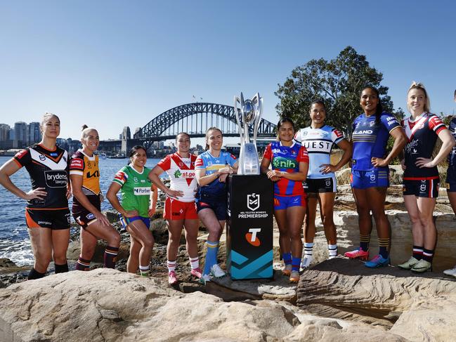 DAILY TELEGRAPH 23RD JULY 2024Pictured are players from each of the 10 clubs represented  at the NRLW season 2024 launch at Barangaroo Reserve in Sydney.Picture: Richard Dobson