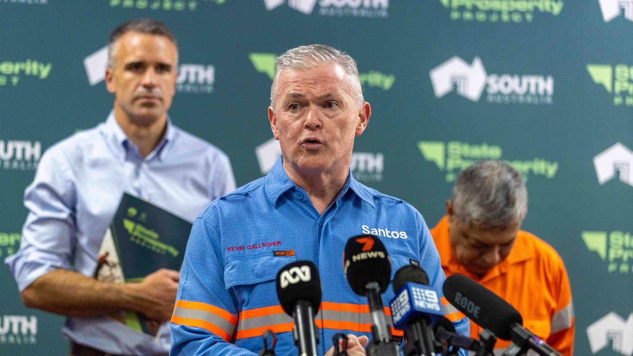 Santos chief Kevin Gallagher speaking at the Upper Spencer Gulf. Whyalla Steelworks Presser. Picture: Ben Clark