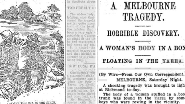 A newspaper illustration of Tod and Redalsky throwing the trunk into the Yarra, and a newspaper article about the discovery in December 1898. Images: Trove