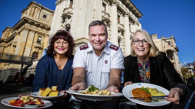 Melbourne councillor Beverley Pinder, Salvation Army’s Brendan Nottle and Mayor Sally Capp have unveiled their plan to feed the homeless. Picture: Nicole Cleary