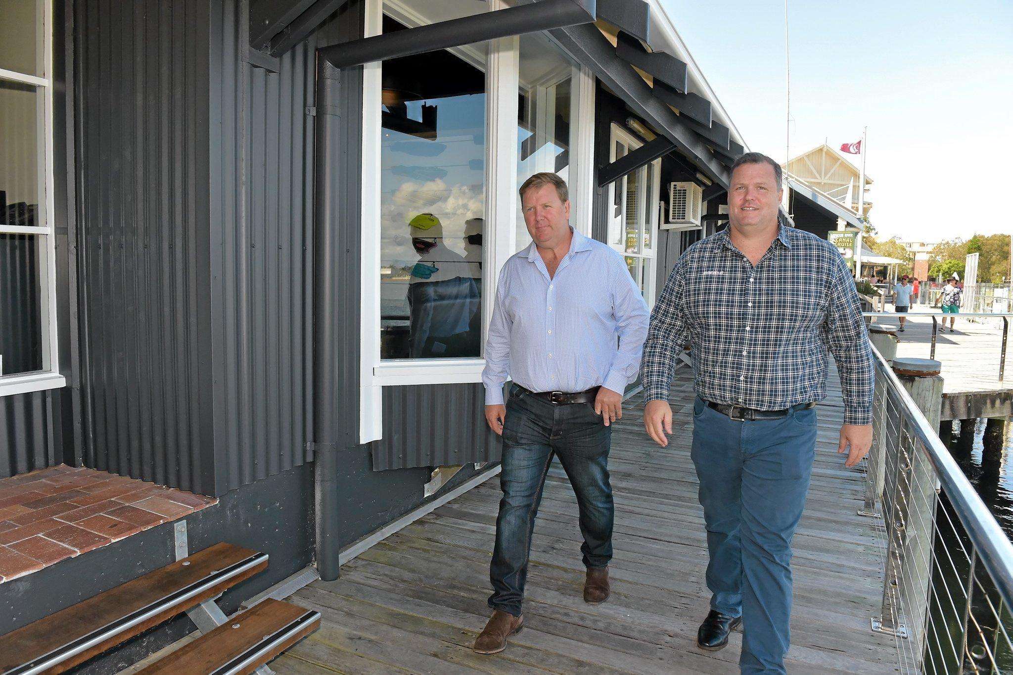 Dirk Long (left) and Matthew Evans have new plans to develop the Wharf complex at Mooloolaba.Photo: Warren Lynam / Sunshine Coast Daily. Picture: Warren Lynam