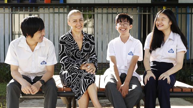 \Canley Vale High Principal Deborah Santucci with students Ryan, Hector and Annie. Picture: Tim Hunter