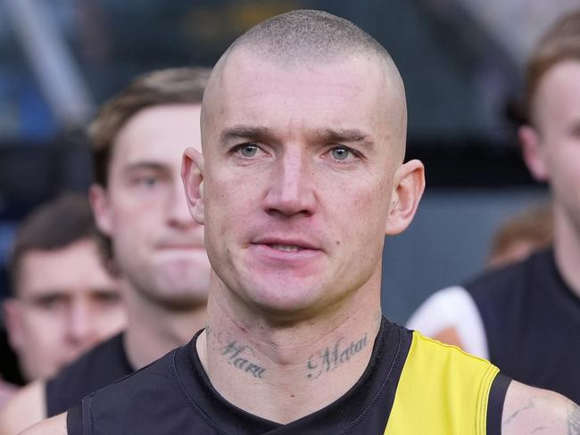 MELBOURNE, AUSTRALIA - JUNE 30: Dustin Martin of the Tigers runs out with the team during the round 16 AFL match between Richmond Tigers and Carlton Blues at Melbourne Cricket Ground, on June 30, 2024, in Melbourne, Australia. (Photo by Daniel Pockett/Getty Images)