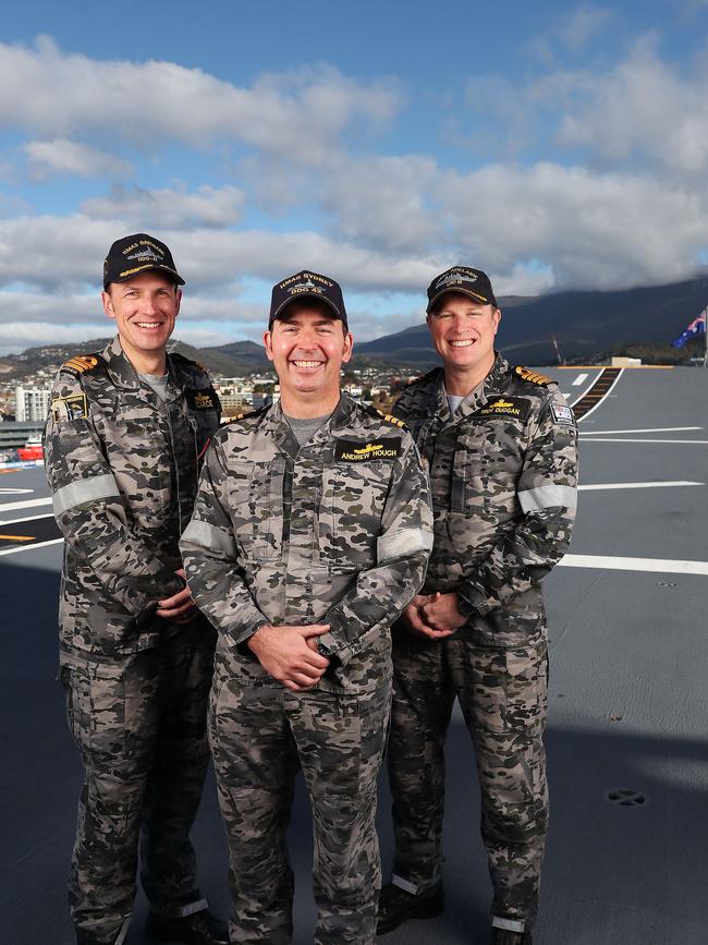 Commander Kingsley Scarce Commanding Officer HMAS Brisbane, Commander Andrew Hough Commanding Officer HMAS Sydney, Captain Troy Duggan Commanding officer HMAS Adelaide aboard the HMAS Adelaide. HMAS Adelaide, HMAS Sydney and HMAS Brisbane are all docked in Hobart at the same time. Picture: Nikki Davis-Jones