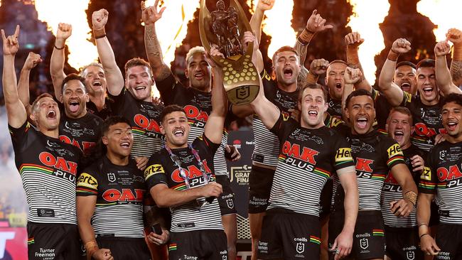 The Panthers celebrate with the NRL Premiership Trophy after victory in the 2022 NRL Grand Final. Picture: Getty Images