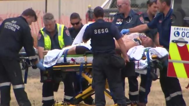 Tony Mokbel being worked on by paramedics at Barwon prison Lara after being stabbed sometime today. Picture: Nine News