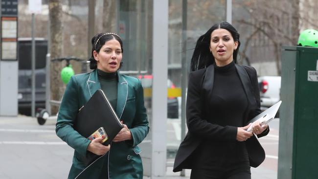 Zoe Davis and Rachelle Badour-Taha face Melbourne Magistrates Court for their first hearing into charges relating to court documents. Picture: David Crosling