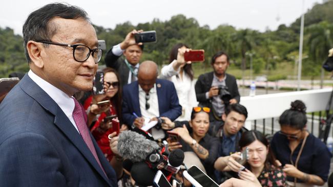 Cambodia's exiled opposition leader Sam Rainsy in Kuala Lumpur, Malaysia, on Tuesday. Picture: AFP