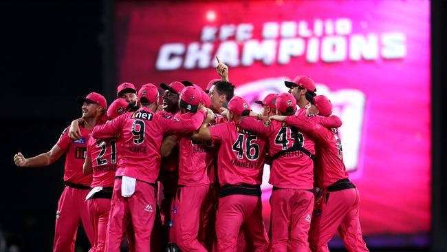 The Sixers celebrate victory over the Perth Scorchers and a third title.