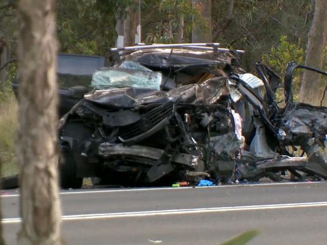 A 17-year-old boy died after a black Holden Commodore station wagon left the Pacific Highway and slammed into a tree about 1.30am on July 31, 2023, at Charmhaven. His sister, 19, was charged with dangerous driving occasioning death and failing to stop and assist. Picture: Nine News