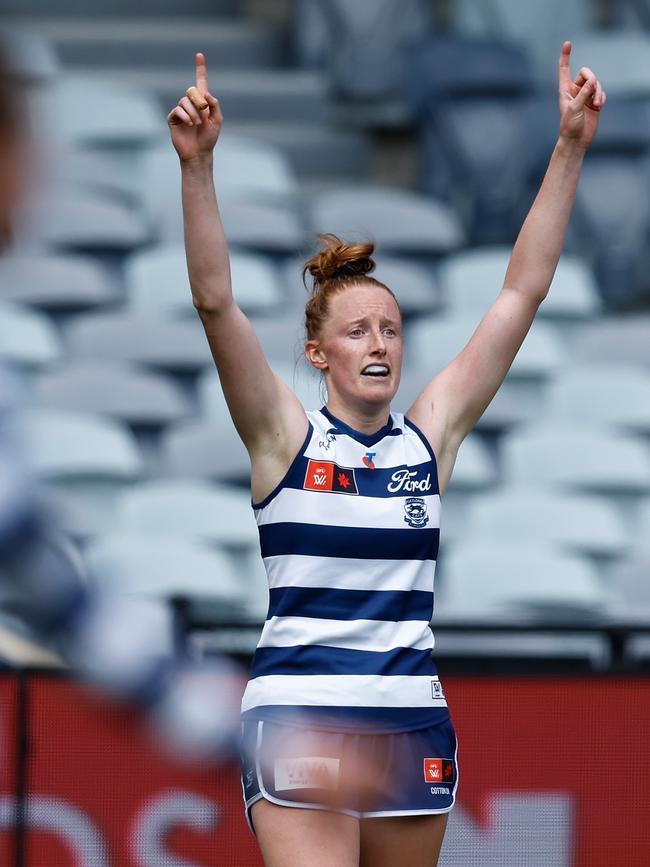 Aishling Moloney celebrates a fourth-quarter goal against Brisbane on Sunday. Picture: Michael Willson/AFL Photos via Getty Images