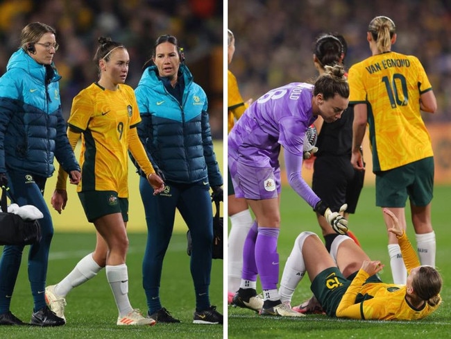 Caitlin Foord and Clare Hunt suffered injuries. Photos: Getty Images