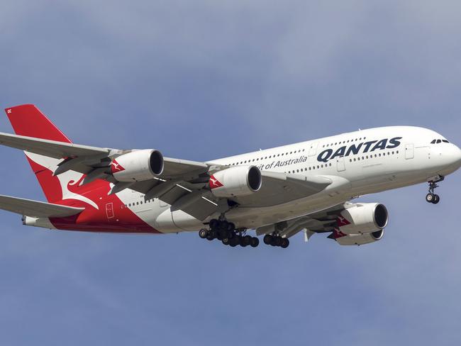 Melbourne, Australia - November 20, 2012: Qantas Airways Airbus A380 (registration VH-OQE) on approach to land at Tullamarine airport after operating flight QF94 from Los Angeles. Australian air travel, generic, qantas