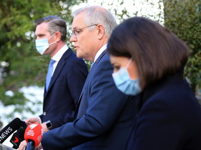 SYDNEY, AUSTRALIA - NewsWire Photos JULY 13, 2021 -  Australian Prime Minister Scott Morrison, NSW Premier Gladys Berejiklian, and NSW Treasurer Dominic Perrottet announce a business support package during a joint media conference at Kirribilli House in Sydney. Under a new combined support package, the COVID-19 Disaster Payment will be further expanded and increased across the state of NSW. The Commonwealth and NSW will also enter into a new 50/50 cost sharing arrangement for a new business support payment to be implemented and administered by NSW. Today NSW recorded 89 new cases of Covid -19 in Sydney. Picture: NCA NewsWire / Christian Gilles