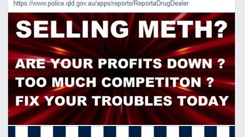 The Facebook ad which is urging drug dealers to dob in their competition.