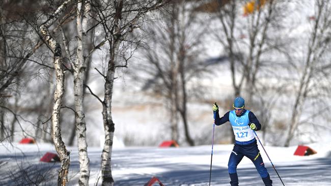 ZHANGJIAKOU, CHINA – MARCH 03: An Athlete from Team Ukraine skis during an Official Training Session at Zhangjiakou National Biathlon Centre on March 03, 2022 in Zhangjiakou, China. (Photo by Alex Davidson/Getty Images for International Paralympic Committee)
